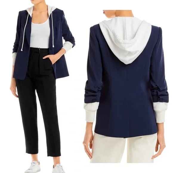 Cinq a Sept Women’s Hooded Relaxed Fit Navy Blue and White Khloe Blazer Jacket - Picture 1 of 15